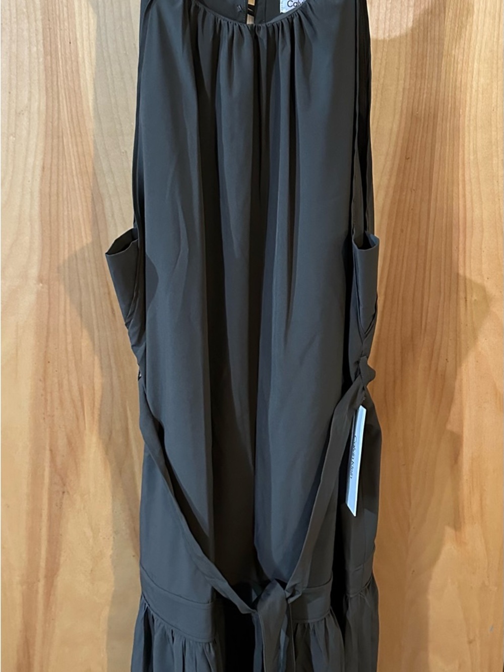 NWT Calvin Klein Charcoal Black Halter Sleeveless Dress with Waist Tie Size: 10